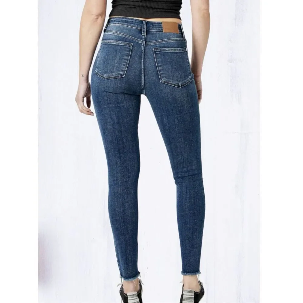 Judy Blue High Rise Skinny Jeans Dark Wash Distressed Stretch Denim Raw Hem NEW